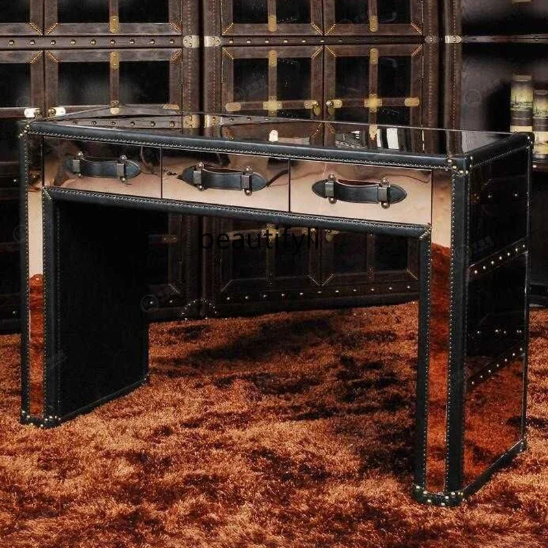 

Esmt163 Vintage LOFT computer desk with oil wax leather office desk American industrial style space aluminum writing desk