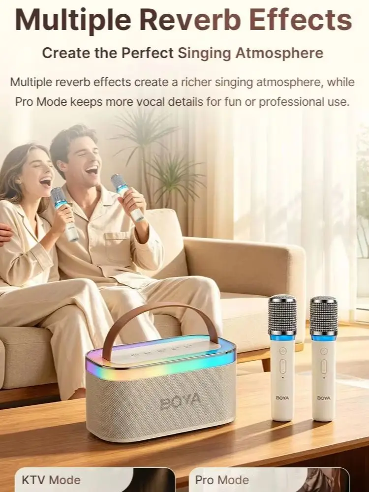 Bezprzewodowa maszyna do karaoke BOYA KM6 z 2 mikrofonami, przenośny głośnik Bluetooth, oświetlenie RGB, mikrofon do śpiewania na imprezy domowe dla dzieci i dorosłych. — zdjęcie produktu 7
