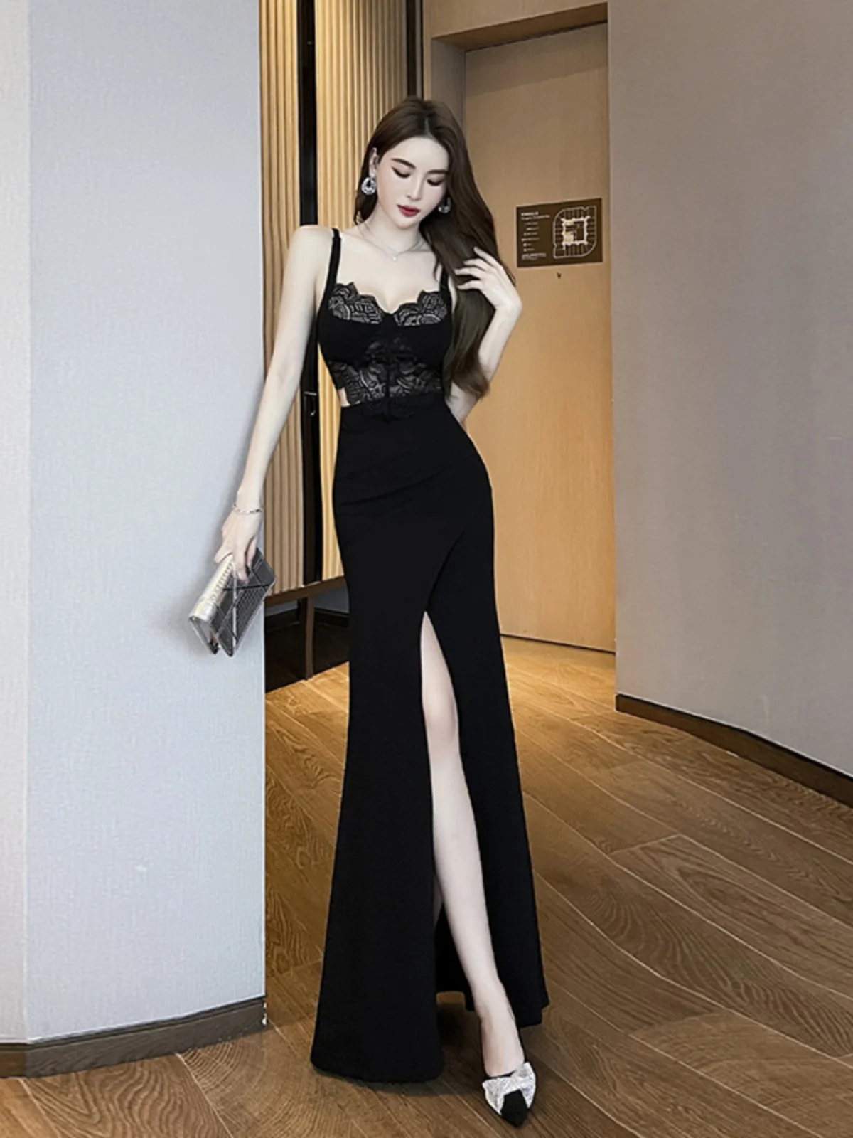 

Muse Godd Sexy Bla Lace Strap Dr Ladylike Maturi Long Evening Gown High Slit Maxi Skirt No Sve Formal Wear