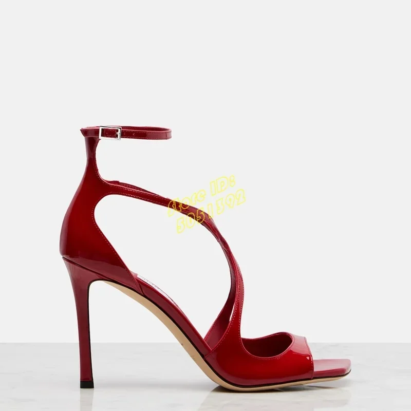 Red Glossy Patent Leather High Heel Sandals Square Toe Cross Strap Ankle Buckle Strap Handmade Runway 2026 Summer Spring Shoes - view 3