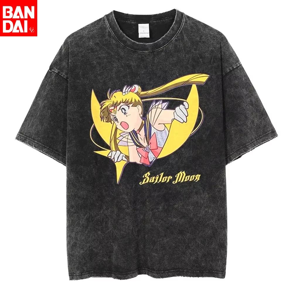 

Sailor Moon Anime Printed Washed T-shirt Summer New Cotton Men's and Women's Loose Casual Retro Trendy Short Sleeve Top