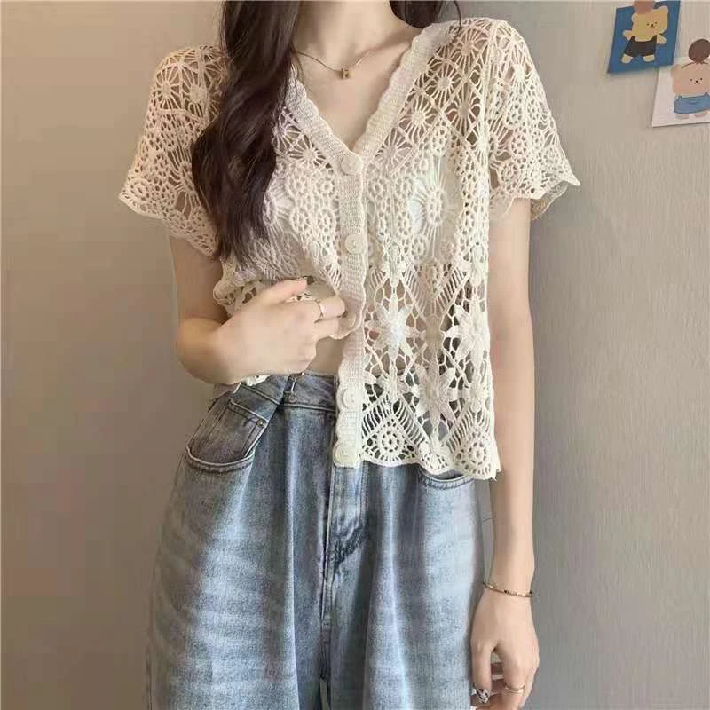 Hollow Out Cardigan Women Baggy Solid Bohemian V-neck Lace Summer Sweet French Style Retro Elegant Hipster Fairycore Stylish