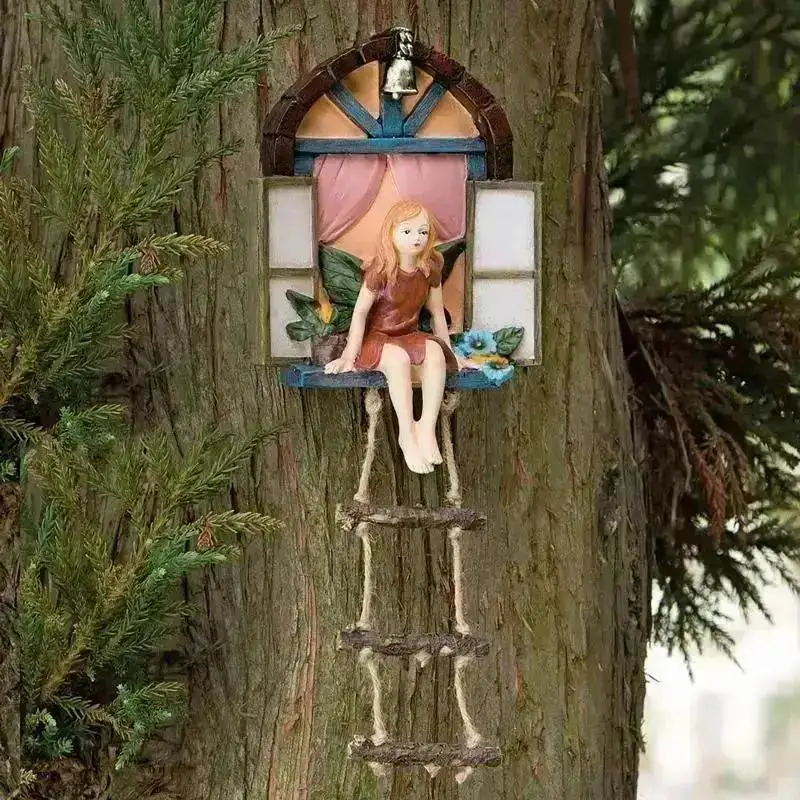 Tree House Girl Hanging Decoration Sculpture Window Ladder Resin Statue Garden Home Decoration Products Courtyard Art Decoration