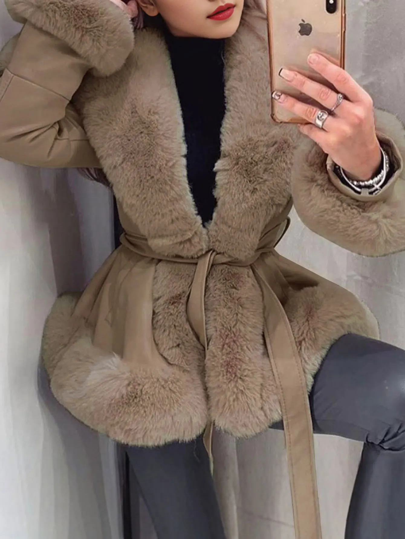 Mia Muse Dames Reversjas Met Lange Mouwen Herfst Winter Mode Effen Stropdas Taille Fleece Gesmoorde Taille Dagelijkse Bovenkleding