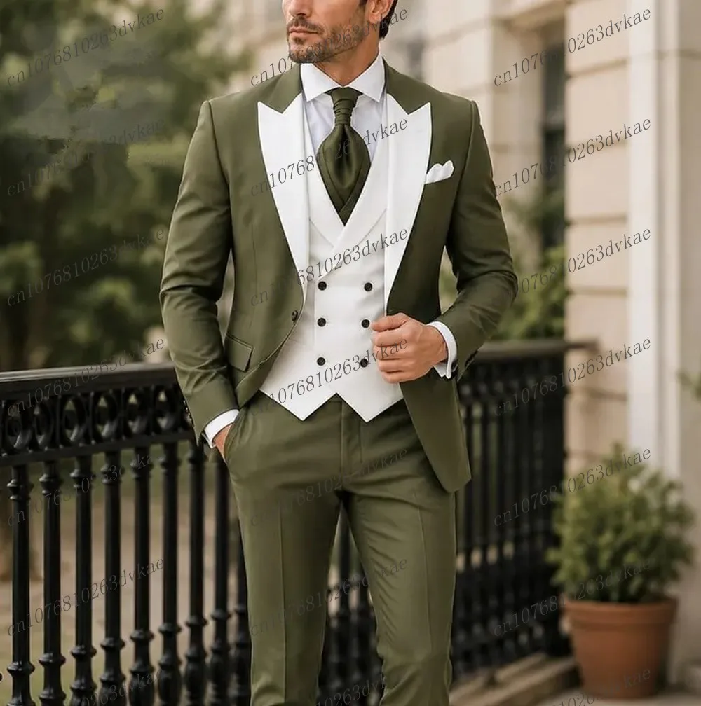Army Green And White Men Suit Wedding Party Formal Groom Groomsman Prom Business Male Tuxedos 3 Piece Set Jacket Vest Pants