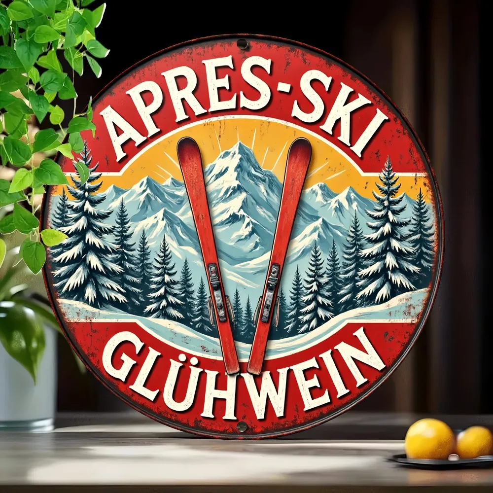 Vintage Metal Sign - Rustic Ski & Mountain Scene Decor with Red Skis & Snowy Peaks, Perfect for Chalet, Bar, Or Ski Lodge