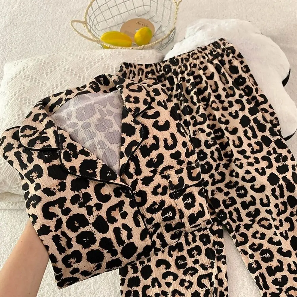 Comfortable Leopard Long Pajama Set Bow Bear Women's Loungewear Floral Homewear Lady Nightwear Suit Women