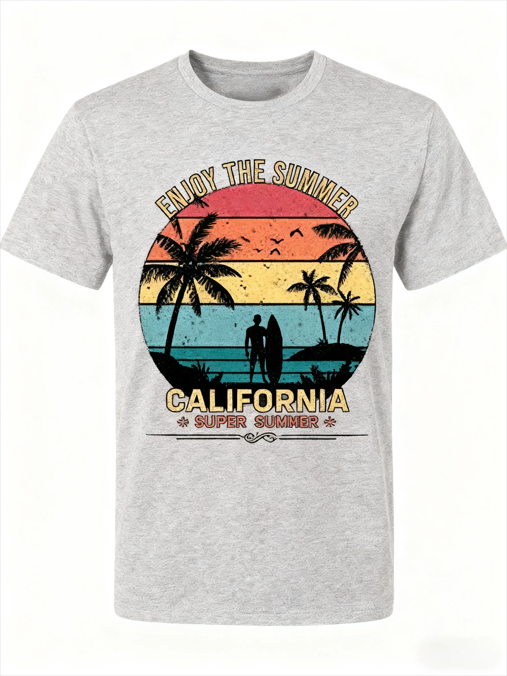 تي شيرت مطبوع عليه Intage California Surf Graphic تي شيرت قطني مطبوع عليه شجرة النخيل الصيفية، تي شيرت ريترو للشاطئ