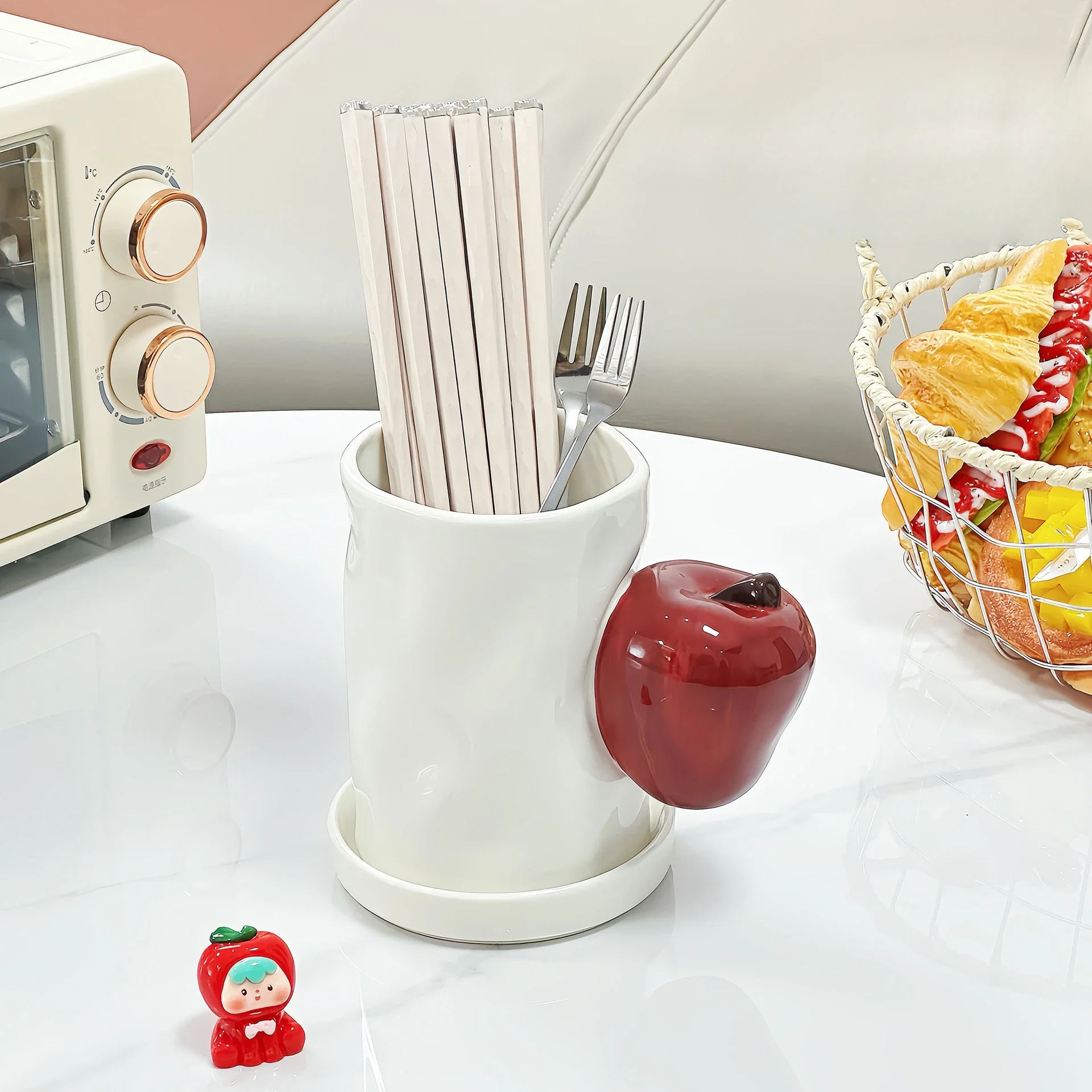 Apple-shape Ceramic Chopstick Holder, Household Storage Box, Drain Chopstick Cage, Home Decoration Soft Outfit Matching Set