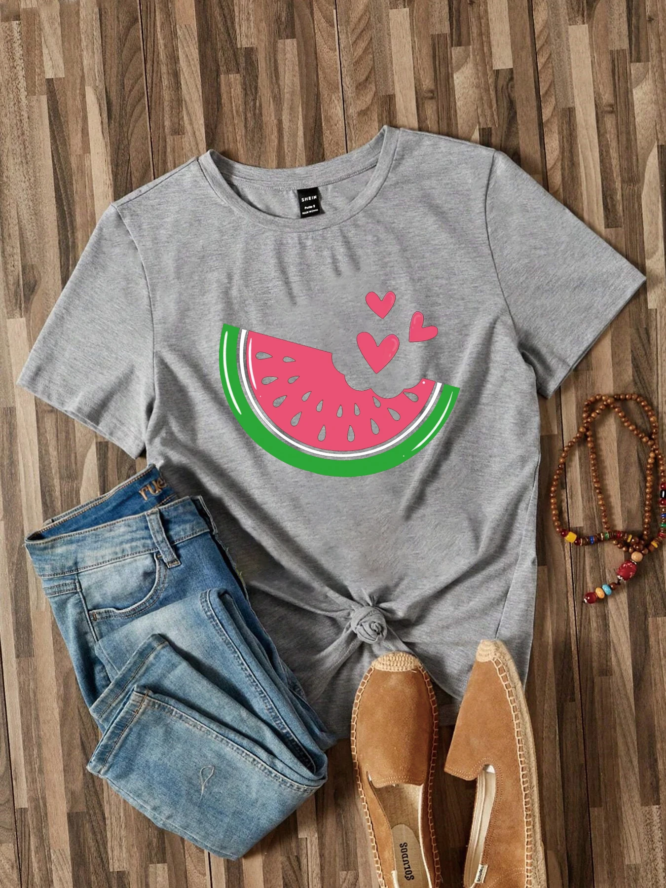 Watermelon Heart Women T Shirt Summer Fashion Short Sleeved T-shirt Tee Tops Printed O-neck Casual T-shirt Women\'s Clothing