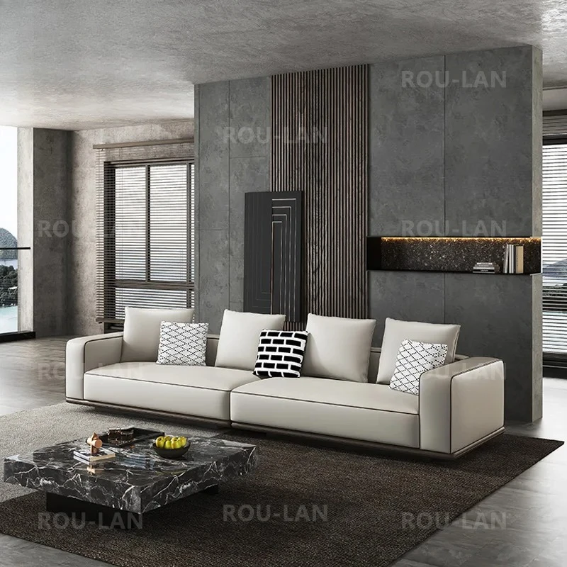 أريكة جلدية حديثة وبسيطة لغرفة المعيشة، أرضية مسطحة كبيرة حديثة، نوع منزلي كبير، طبقة أولى من جلد البقر، أريكة كتلة التوفو المضمنة #3