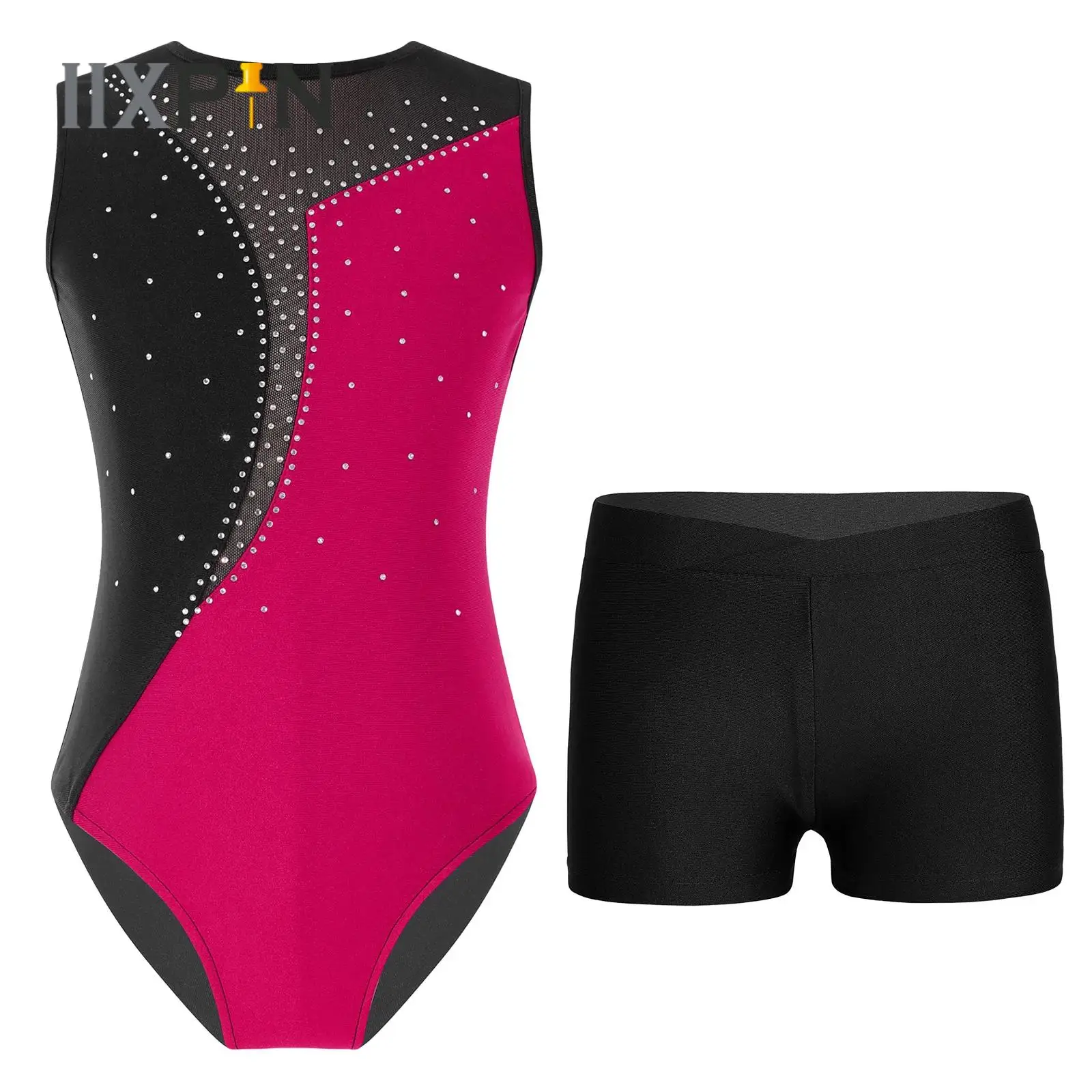 

Girls Ballet Gymnastics Leotards Dancewear Kids Sleeveless Shiny Rhinestone Contrast Color Leotard Bodysuit+Shorts Pants Outfit