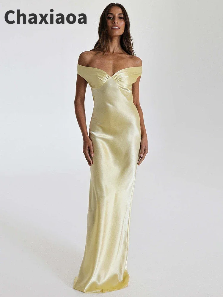 Chaxiaoa cetim fora do ombro sem costas sexy maxi vestido feminino moda sem alças sem mangas cintura alta clube festa vestidos longos