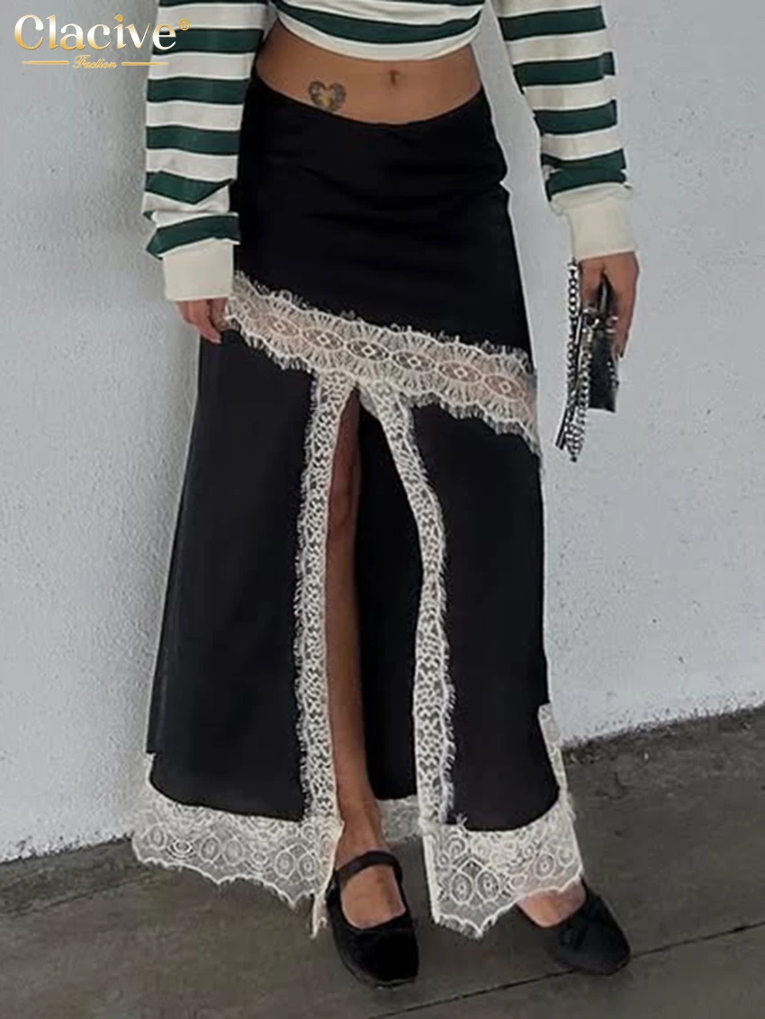 

Clacive Sexy Loose Black Satin Women's Skirt 2026 Fashion Mid Waist Long Skirt Lady Elegant Lace Spliced Skirts Female Clothing
