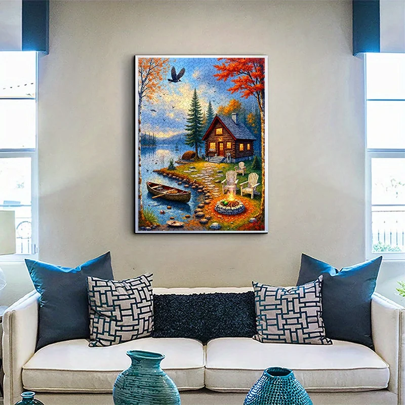 500 또는 1000피스 대형 직소 퍼즐 - 가을 잎사귀가 있는 호숫가 통나무집 가을 풍경, 성인용 긁힘 방지 종이 퍼즐