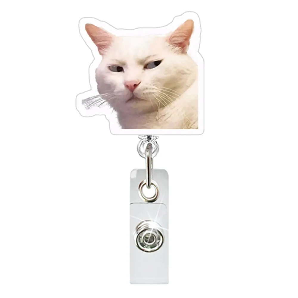 Gift Retractable Cat Keychain Lanyard Acrylic Name Tag Holder ID Badge Clip