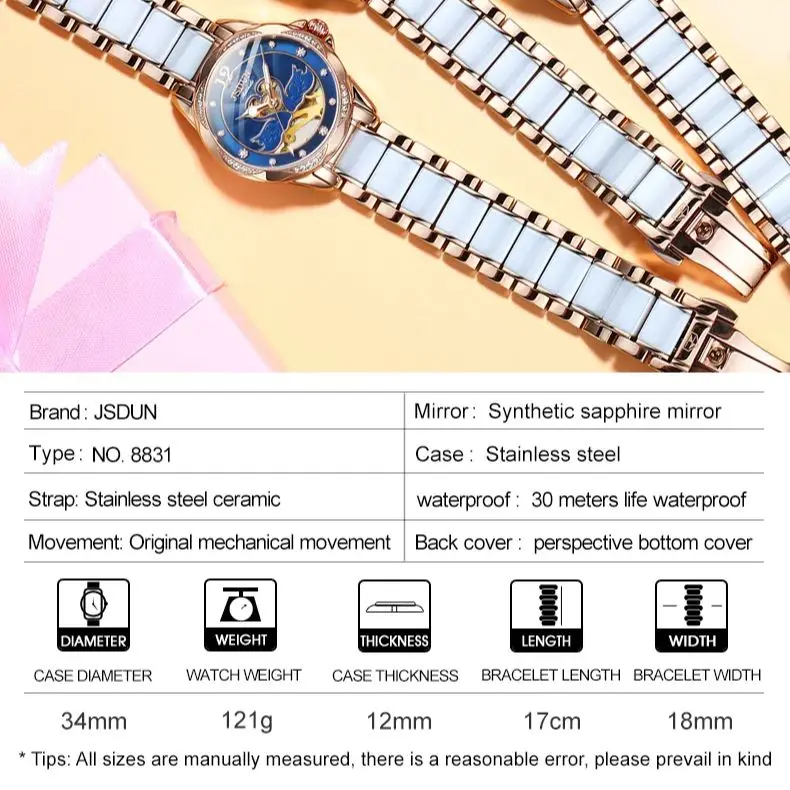 Роскошные женские часы JSDUN, автоматические механические часы, элегантные часы-скелетоны с керамическим ремешком, женские часы с зеркальной поверхностью и сапфировым стеклом