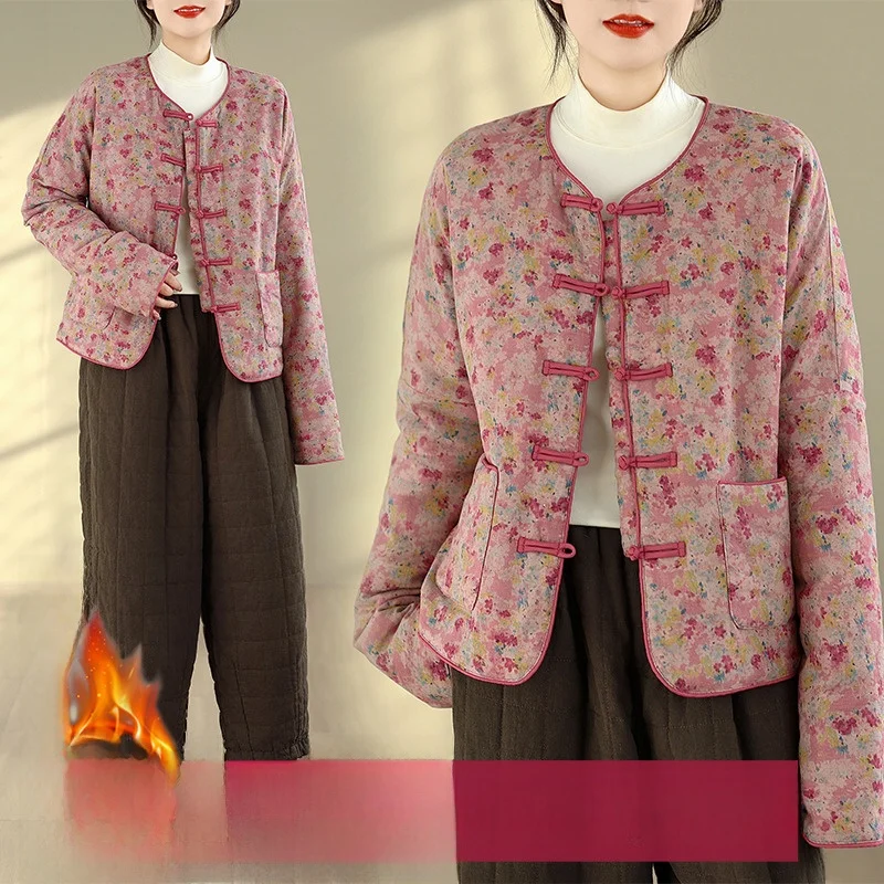 

High-End Cotton Linen Ethnic Sle Large Size Cotton Coat round Ne Buttoned Fem Cotton Outerwear Small Cotton Padded