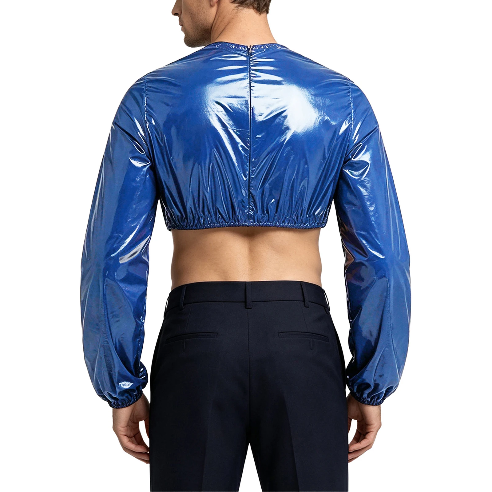 Camiseta corta impermeable y brillante para hombre, ropa de club, cuello redondo, manga larga, con cremallera trasera, para discoteca y fiesta rave.