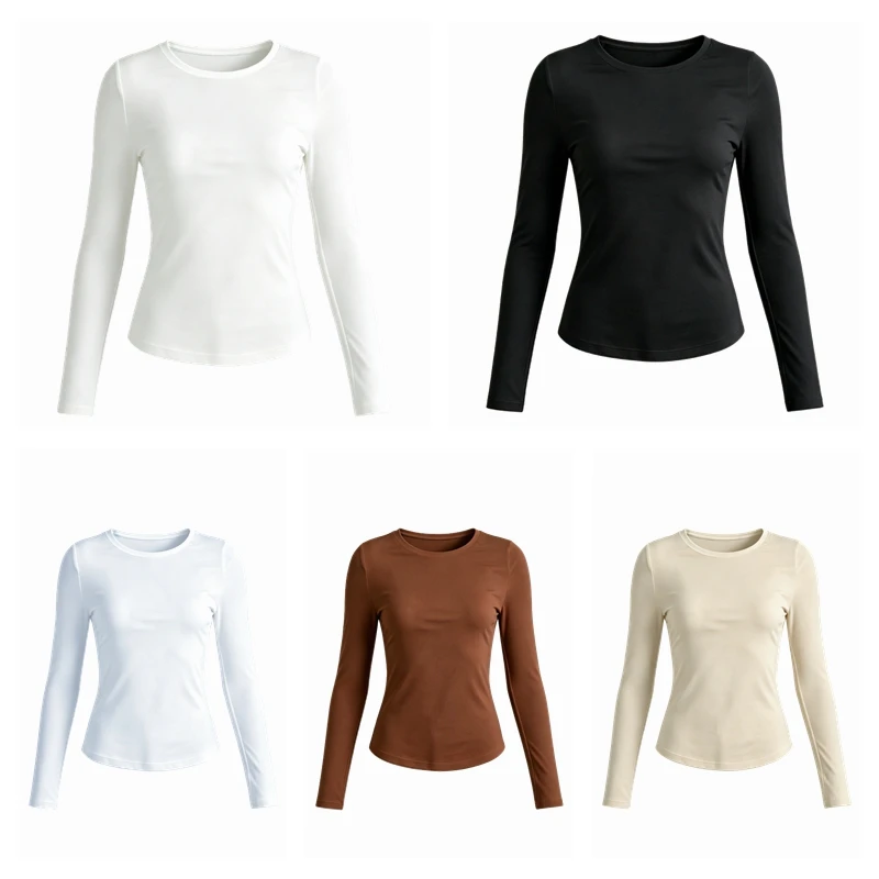 Womens Long Sleeve Slim Fit T‑shirt Basic Solid O-Neck Undershirt Casual Soft Stretchy Knit Base Layer Top Female Daily Wear Tee