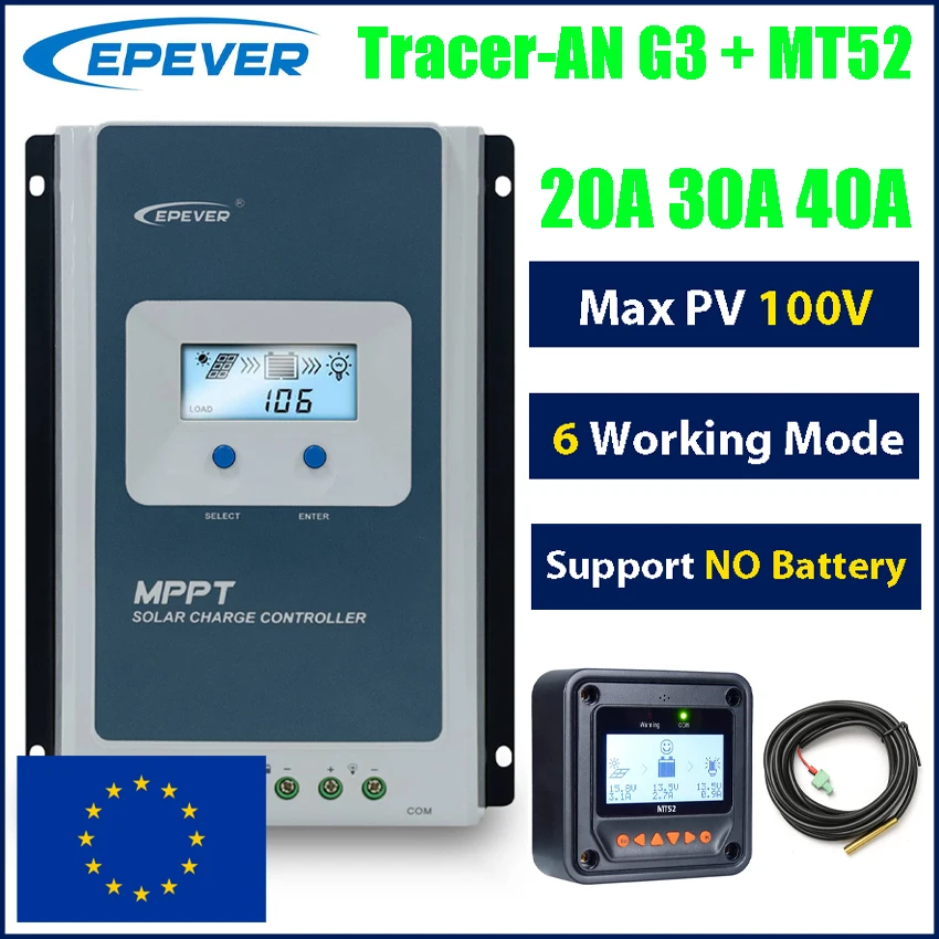 EPEVER 20A 30A 40A MPPT Solar Charge Controller 12/24V Max 100V Panel Timer Mode Support No Battery TracerAN G3 With MT52