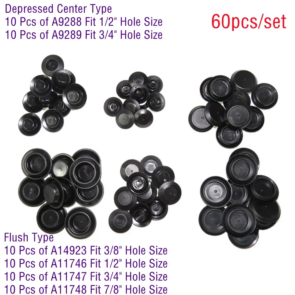 60pcs Flush Mount Black Plastic Hole Plug Assortment Auto Body Sheet Metal With Depressed Center Type And Flush Type car accesso