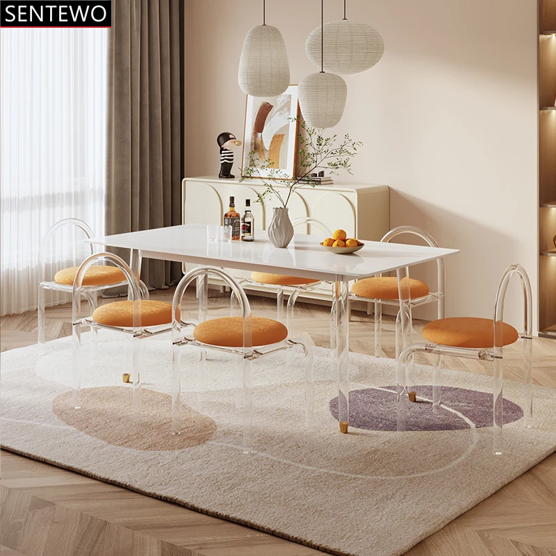 SENTEWO Free Shipping Nordic Rock Slab Kitchen Dining Tables And Chair Set Clear Acrylic Frame Dinner Tables Set Mesa De Jantar