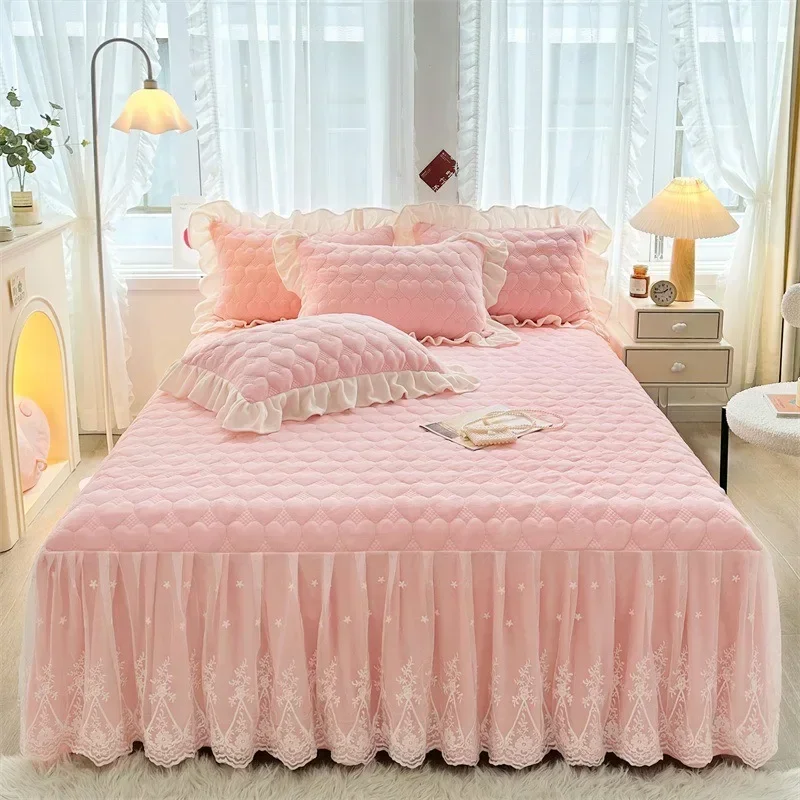 

Full-set quilt cover bed skirt four-piece warm winter milk velvet bedspread 4-piece coral velvet bedspread