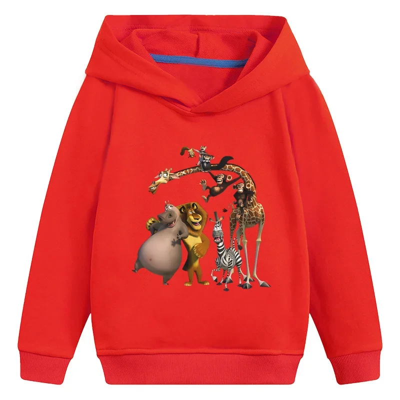 Kids Hooded Hoodies Animals Of Madagascar Lion Giraffe Penguin Funny Children Sweatshirts Girls Clothes Baby Boys Pullover Tops