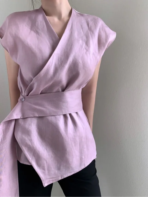 

Новая летняя универсальная асимметричная блузка Slim Fit в винтажном стиле с пуговицами и утягивающим эффектом на талии для женщин