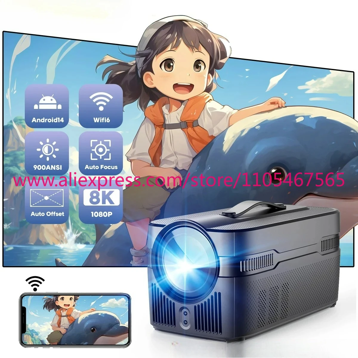 1PCS  Auto Focus 900ANSI Ultra Short Throw Projector With Auto Offset 1080P 8K HD WiFi6 BT5.4 Allwinner H726 Voice New HY450C