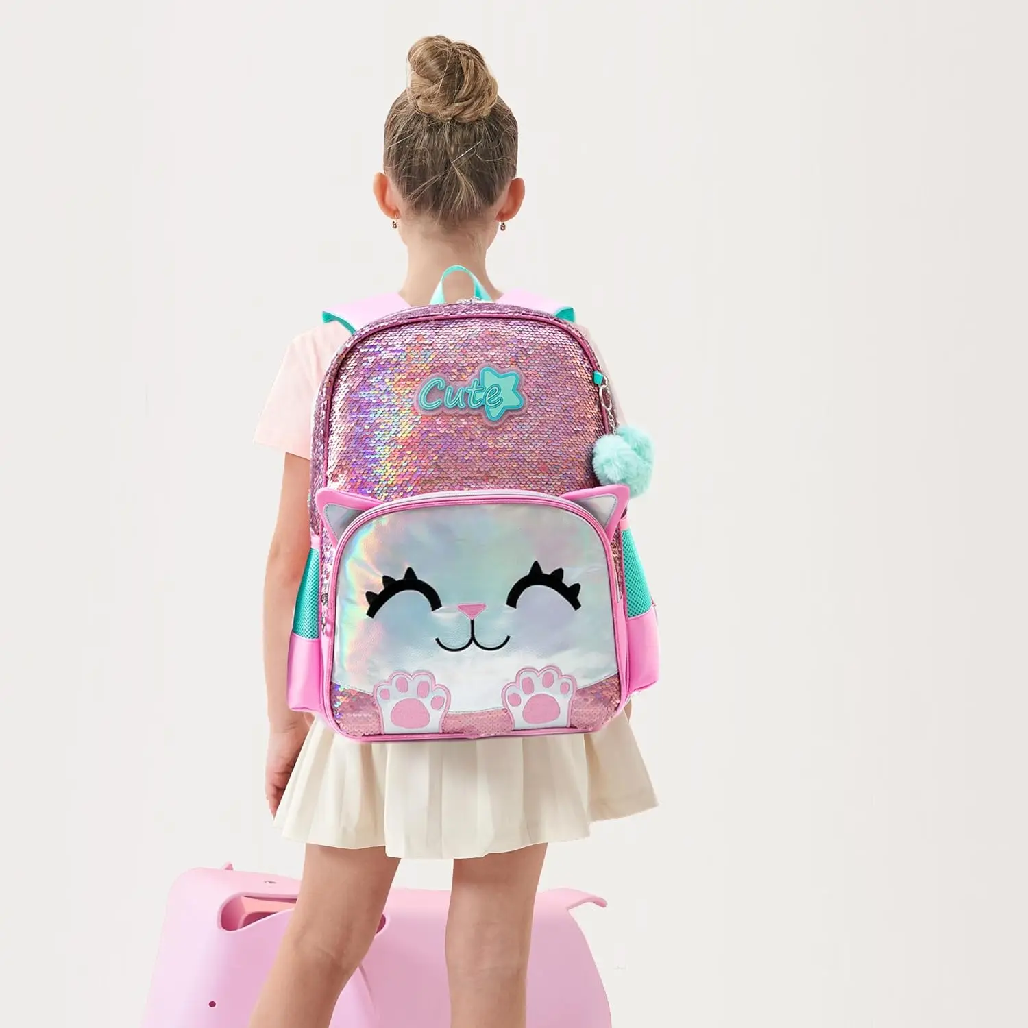 Meetbelify Cute Backpack for Girls Pink Cat School Backpacks Kids Sequin Bookbag for Elementary Kindergarten Students with Lunch