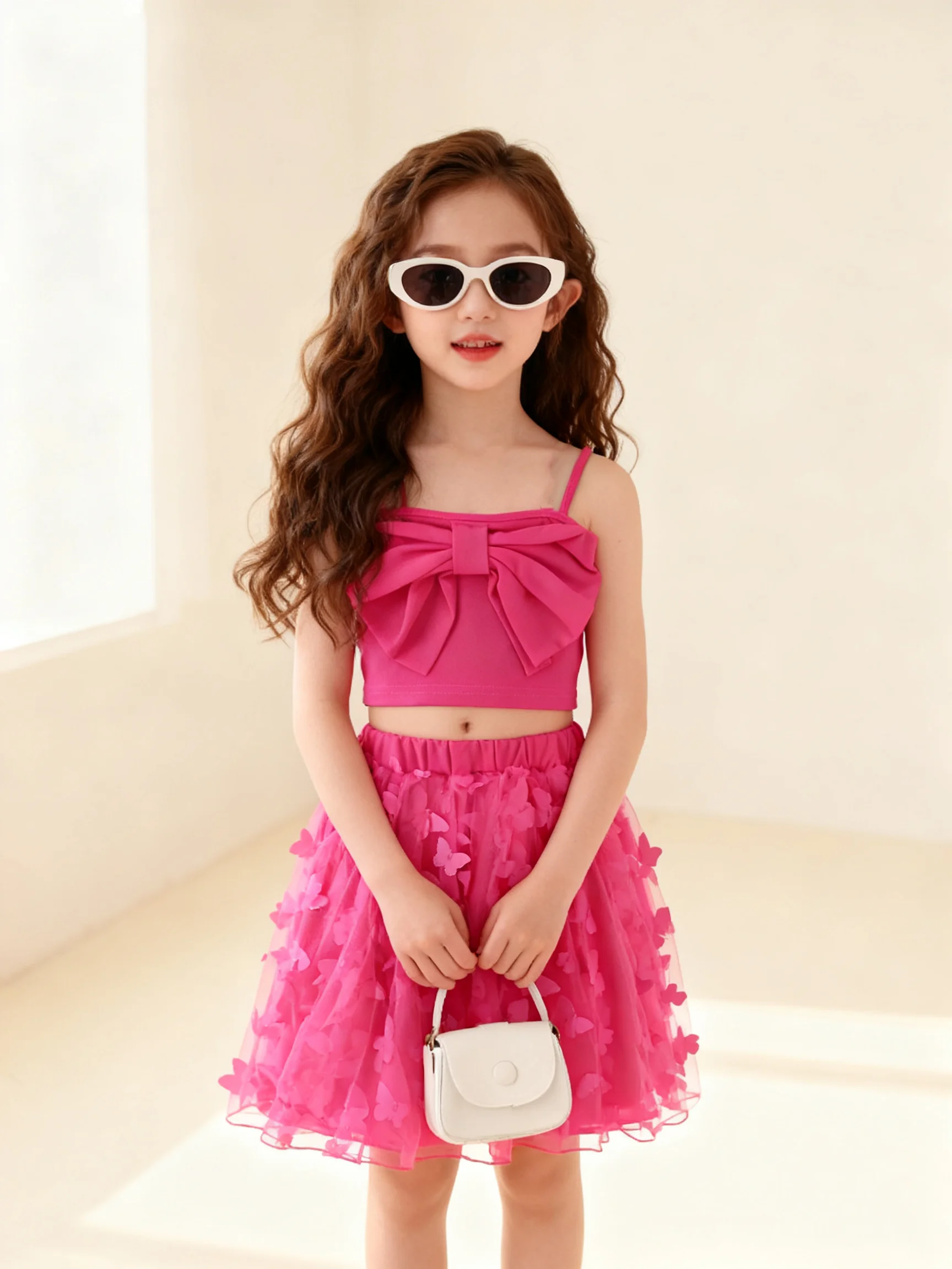 Zweiteiliges Set Sommer Mädchen Einfarbig Set Fliege Riemen Leibchen Top mit 3D Schmetterling Mesh Rock Mode Casual Outfit
