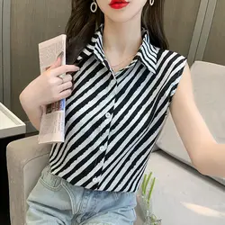 Korean Commute Spliced Striped Chiffon Blouse Summer New Women's Polo-Neck Letter Printing Button Loose Sleeveless Fashion Shirt