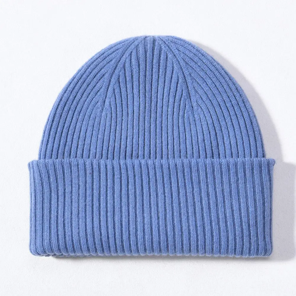 Double Layer Wool Blend Knitted Beanie Warm Winter Cap Soft Solid Color Unisex Fashion Casual Ribbed Knit Elastic Beanie
