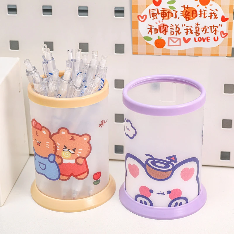 Round Pencil Holder Large Capacity Stationery Gifts Pen Storage Box Study Accessory Cartoon Pen Container Desk Organization