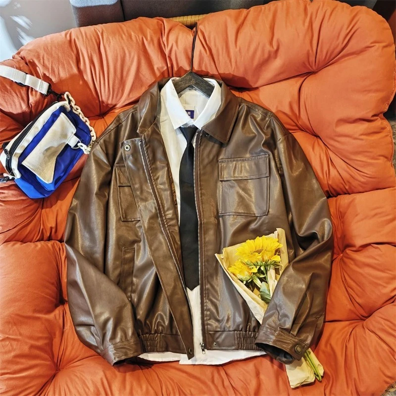 

Мужская короткая свободная куртка из искусственной кожи с воротником в американском уличном стиле, повседневное байкерское модное пальто