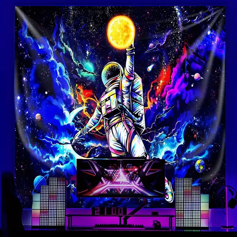 VIKAMA Colorful Nebula Astronaut Plucking Moon Sci-Fi Tapestry, Cosmic Wall Hanging for Bedroom Esports Decor