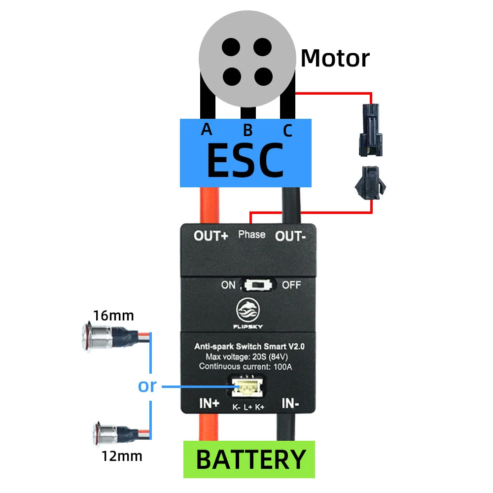 Flipsky Anti Spark Switch Smart Enhanced 300A Anti‑sparking Module for Electric Skateboard Ebike Scooter Robot Power Protection