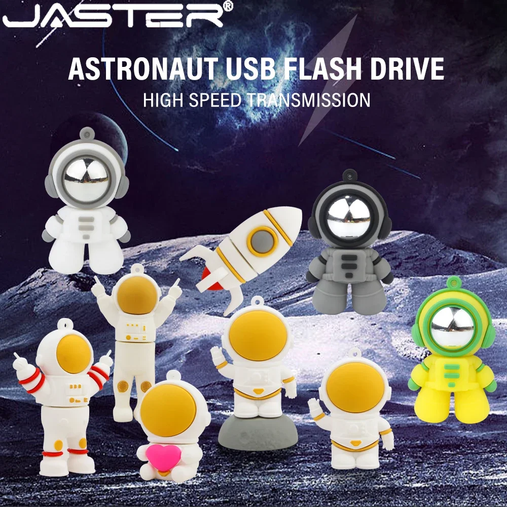 JASTER Cartoon Astronaut USB Flash Drive 128GB Silicone Rocket Pen Drive with Free Key Chain 64GB Creative Gift Memory Stick 8GB