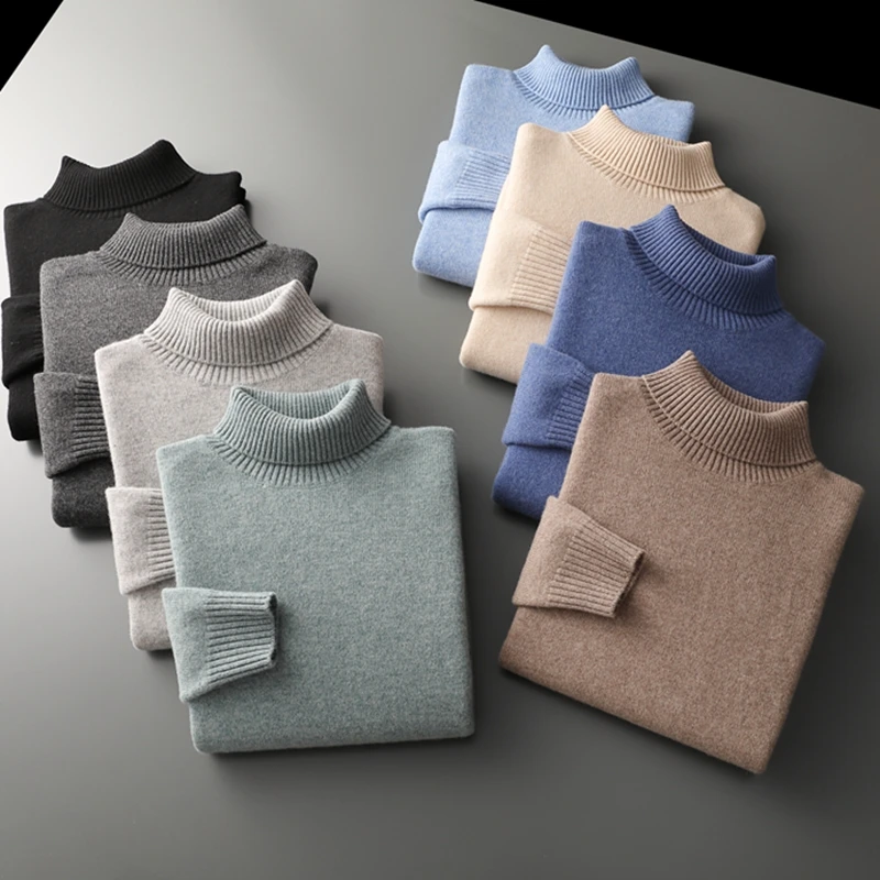 

Autumn Winter 100% Merino Wool Sweater Man Turtleneck Loose Pullover Simple Casual Soft Thick Warm Knit Men Wool Tops Base Shirt