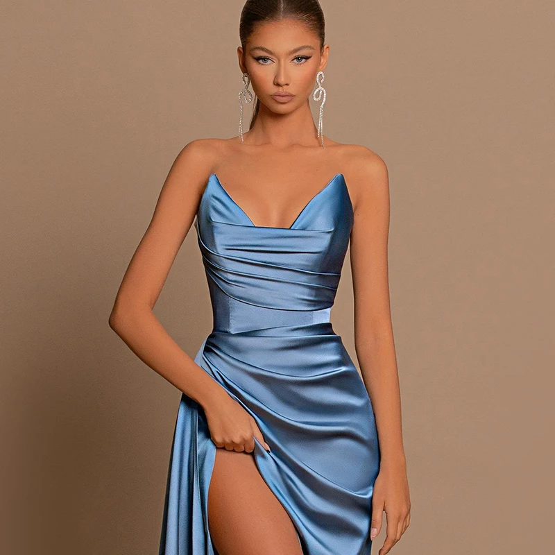 Thinyfull Blue Mermaid Prom Evening Dresses Formal Sweetheart Floor Length Party Dress Side Slit Night Cocktail Gowns Plus Size