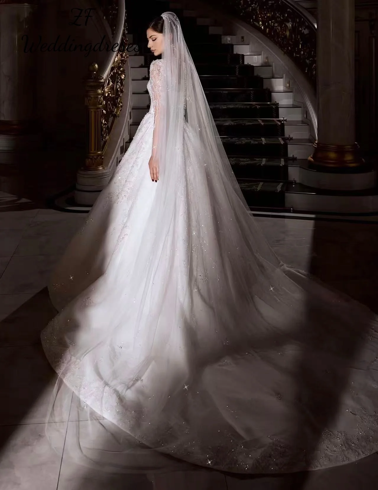 Personalizado requintado vestidos de casamento vestido de baile com decote em v manga longa lantejoulas apliques vestido de noiva novia