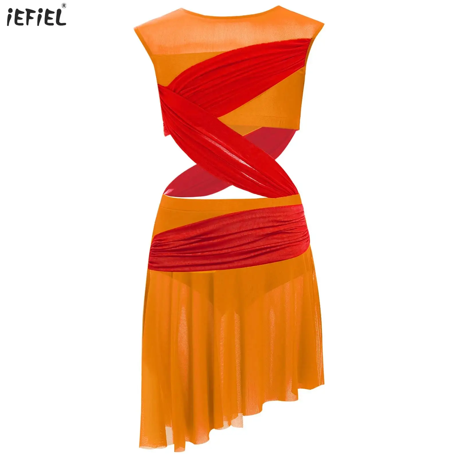 

Kids Girls Lyrical Dance Dress Sleeveless Sheer Mesh Patchwork Asymmetrical Hem Leotard Dress Ballroom Modern Ballet Dancewear