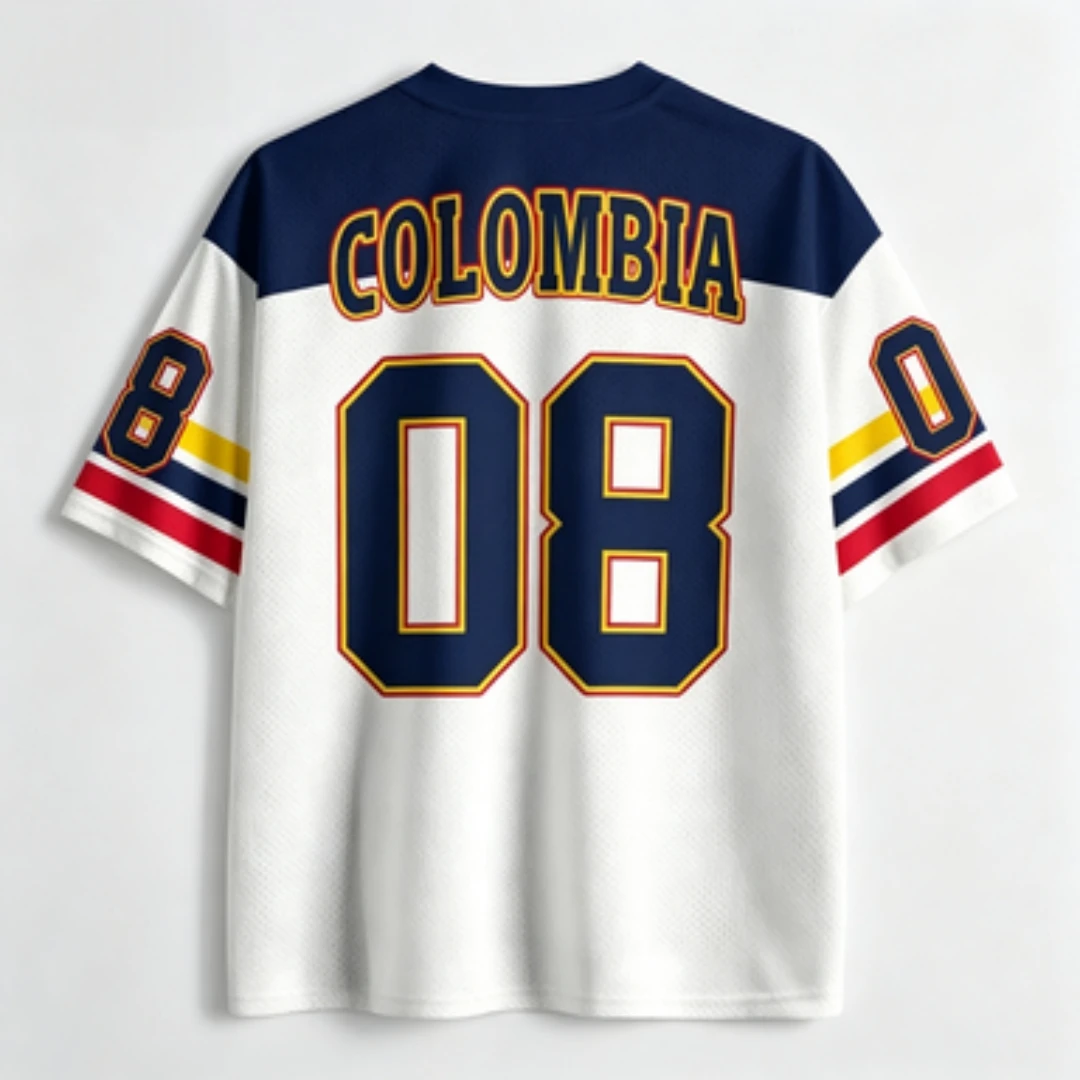 Colombia Jersey Full Body Printed Mesh V-neck Short Sleeved White Navy Blue Retro Number 08 Colombia Flag Streetwear Sports Top