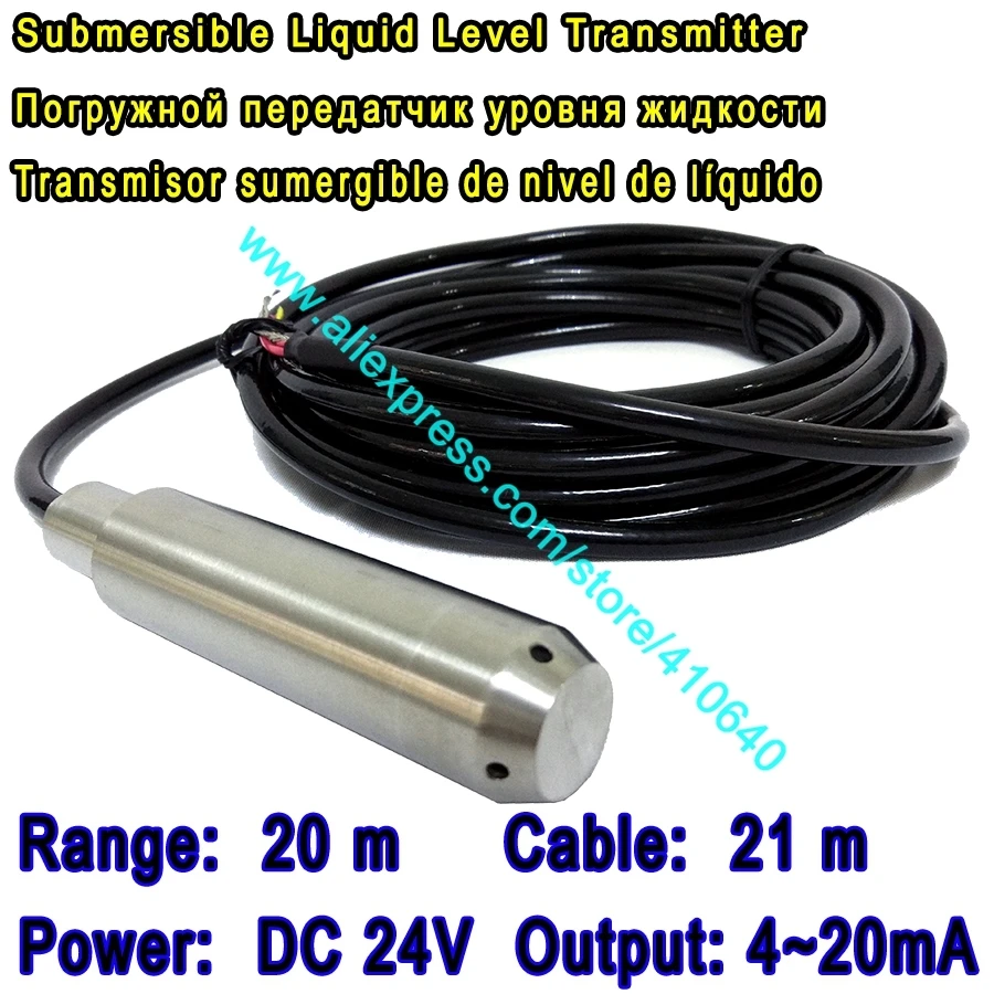 

4 to 20 mA Output 20 m Range Water Level Transducer Probe DC 24 V Power 21 m Cablel Length Throw In Type Water Level Monitor