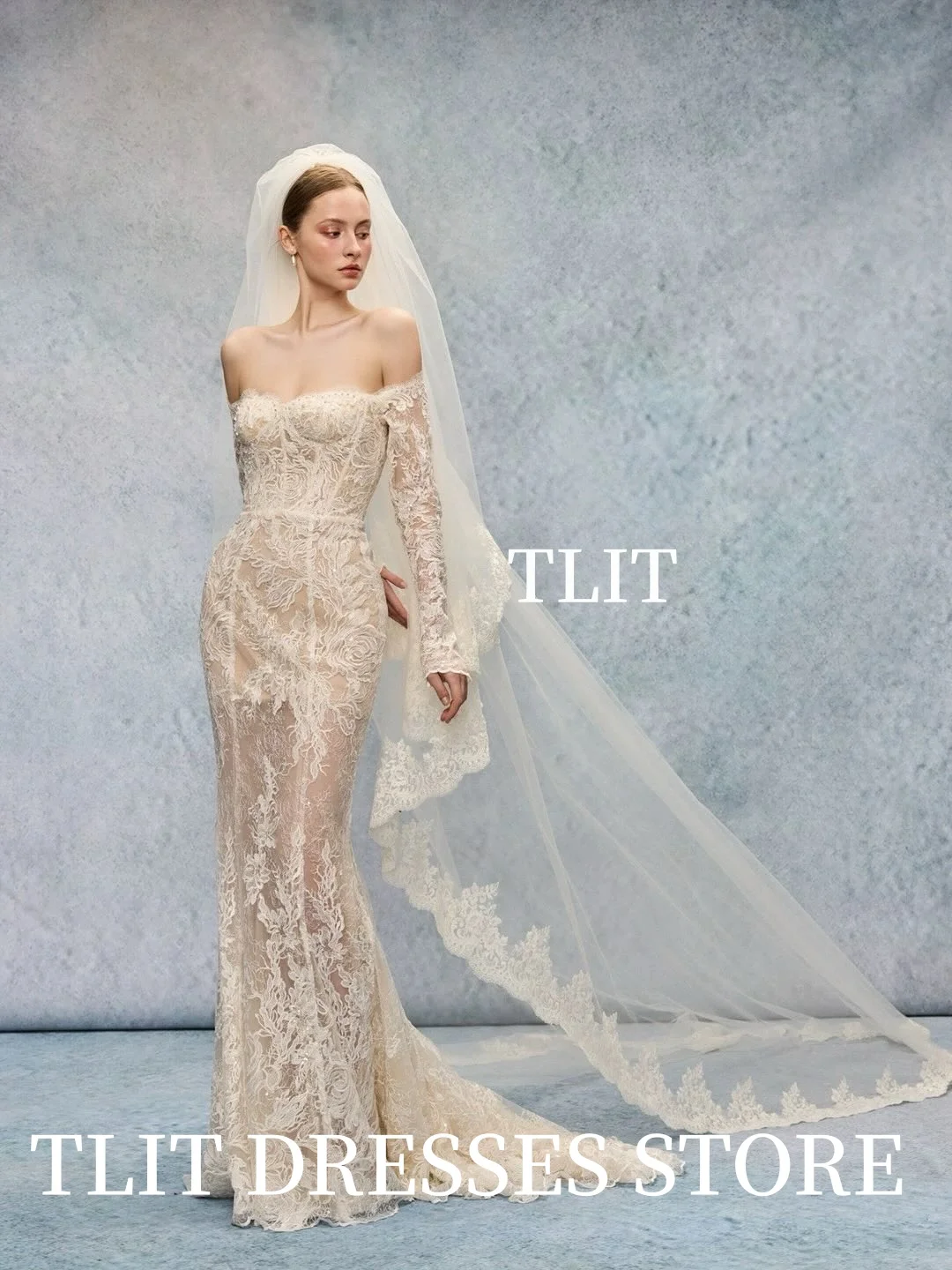 TLIT Luxurious Lace Mermaid Wedding Dresses Customized Strapless  فساتين زفاف Off Shoulder Lace Cuff Bridal Gowns