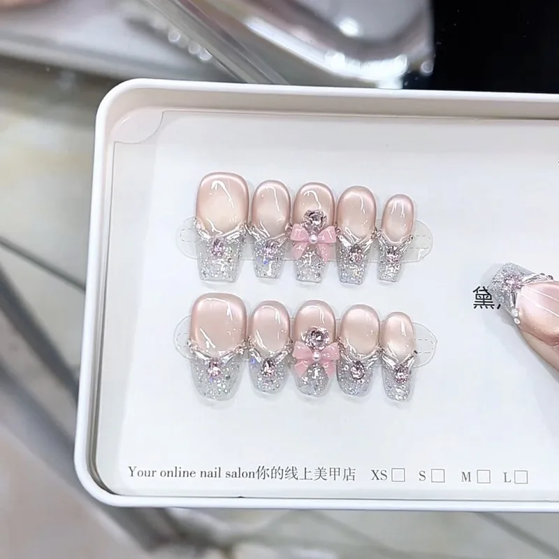 

Handmade Fake Press on Acrylic Nails 3d Bow Realistic Nail Tips Glitter Cat Eye Summer Artificial False Nails with Box and Tools