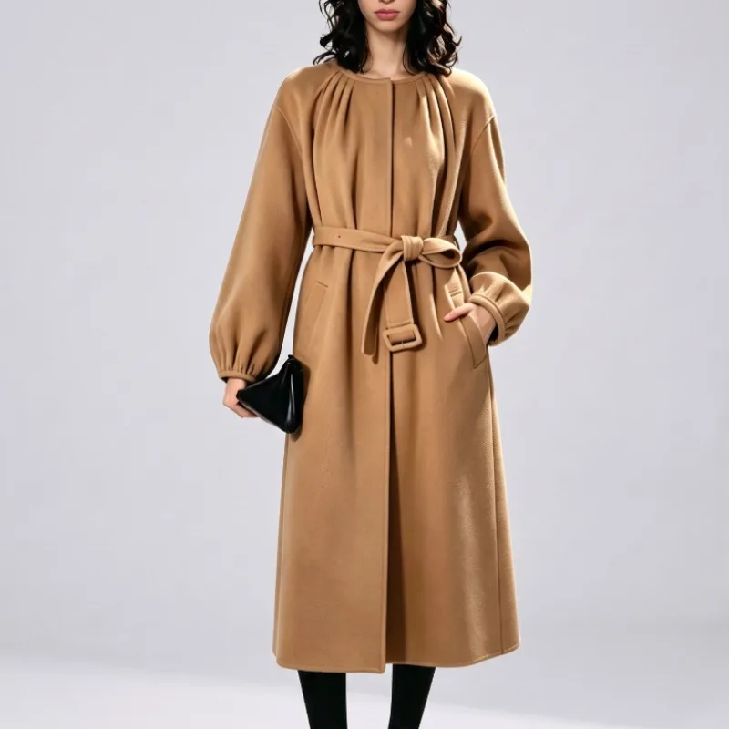 Double Face Cashmere Long Coat Classic Camel Women Fall Winter 2026, Lantern Sleeves, Waist Belt, Warm and Slimming Outerwear