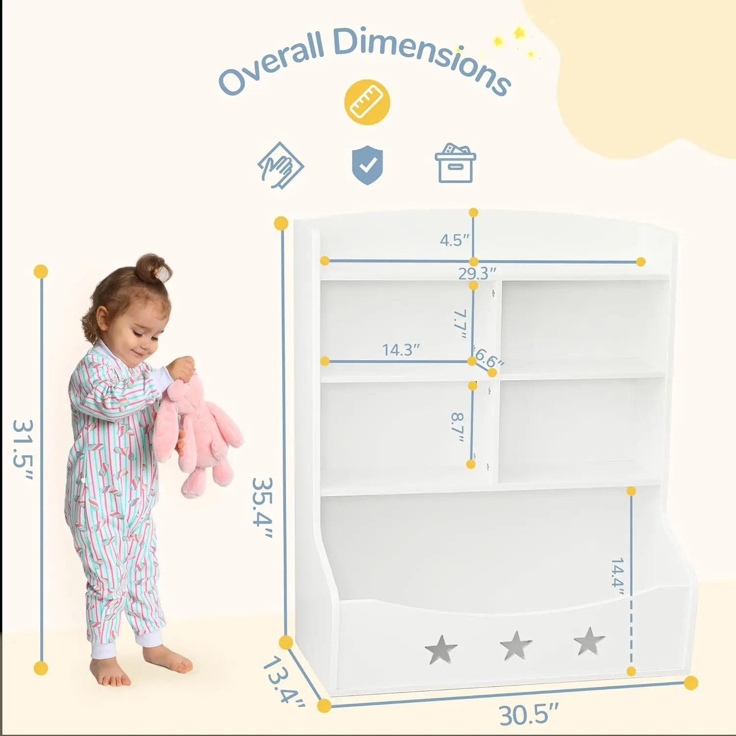 Tier Wooden Bookcase, Bookshelf for Playing Room, Nursery, Bedroom, Toy Storage Cabinet with 5 Cube Units, Star Pattern Kids' To